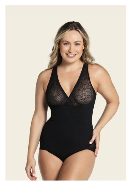LEONISA-Sheer Instinct Sheer Stripe Detail Sculpting Bodysuit