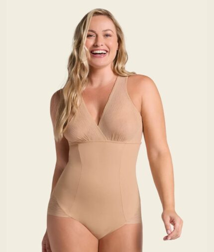 LEONISA-Sheer Instinct Sheer Stripe Detail Sculpting Bodysuit