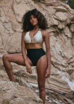 Marjolaine - Tricolor one-piece swimsuit Ambre with gold jewelry