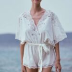 Marjolaine - Beach romper in white cotton fleece and lace
