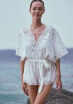 Marjolaine - Beach romper in white cotton fleece and lace