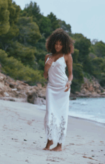 Marjolaine - Long nightie in white silk adorned with lace and embroidery