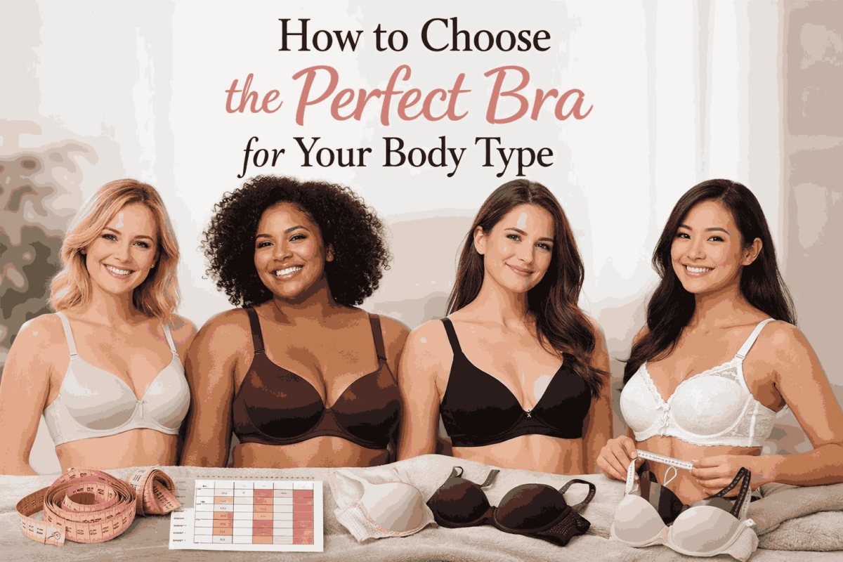 Women of different body types wearing well-fitted bras with a measuring tape and size chart, illustrating a bra fitting guide for women.