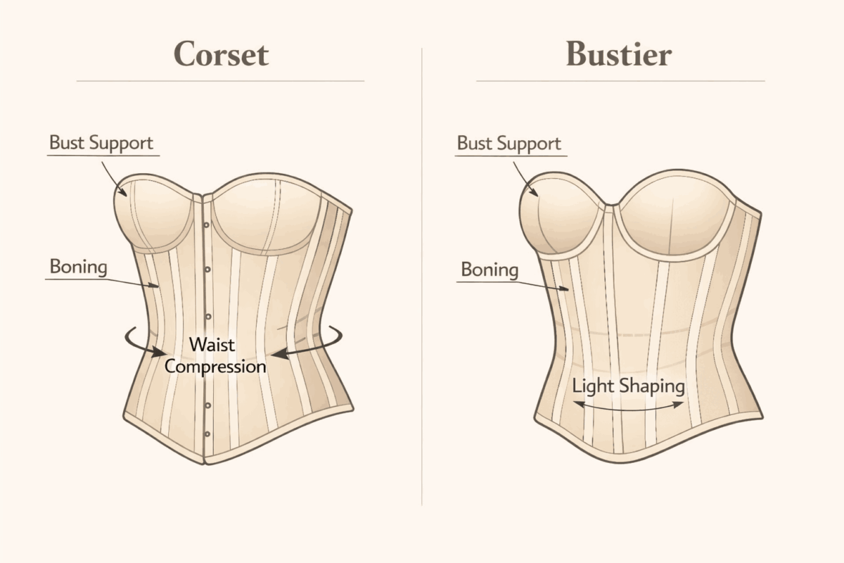 Side-by-side illustration comparing a corset and a bustier, highlighting boning, waist compression, and bust support