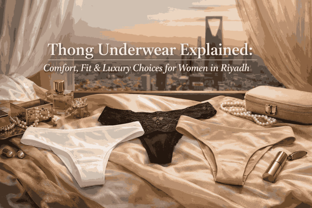 Luxury thong underwear displayed on silk fabric, featuring seamless cotton and lace thong lingerie designed for comfort and no-show wear in Riyadh
